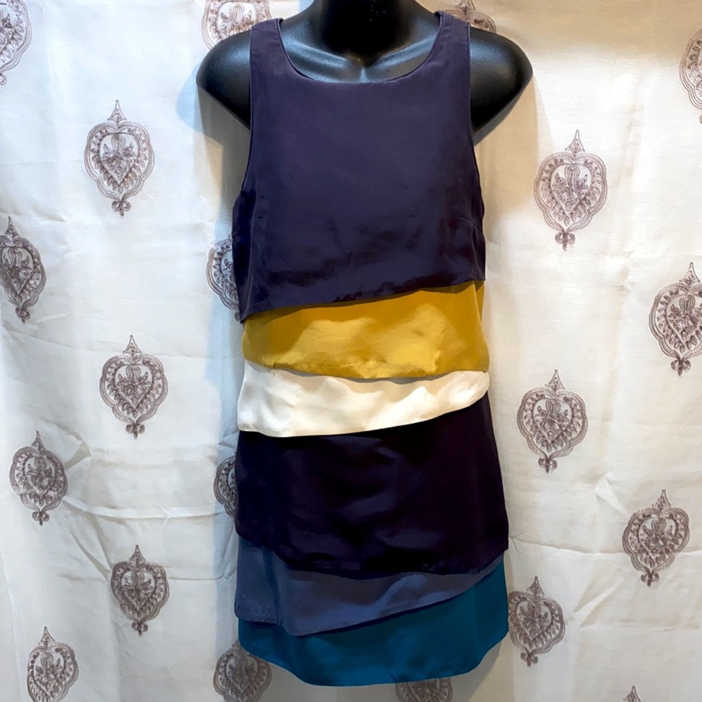 100% SILK: THREAD SOCIAL MULTI-COLOR SLEEVELESS SHEATH DRESS TIERED PANEL SZ 6